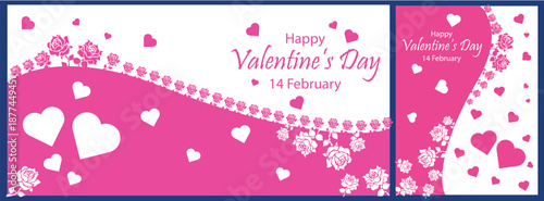 Romantic Valentine’s Day banner and card set with pink hearts and floral rose. Modern love design for 14 February, perfect for greeting cards, invitations, posters, social media, and festive branding.