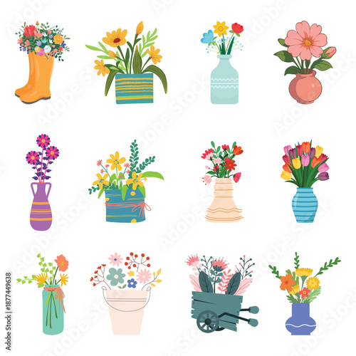 Spring flowers in vase collection. Vector colorful bouquets in pots and watering cans for home decoration interior design