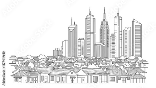 Modern skyline meets traditional architecture in detailed linear artwork