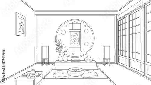Minimalist japanese zen room line art with traditional elements and natural light