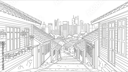 Tranquil urban street with wooden houses and modern city skyline in linear art