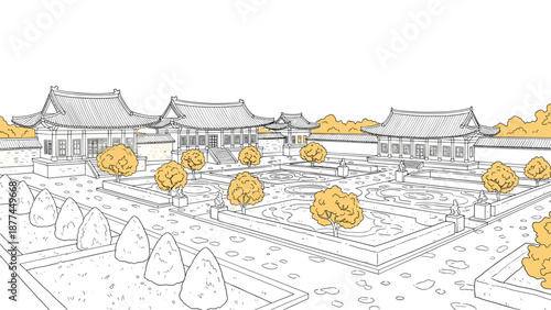 Traditional asian architecture in minimalist linear style featuring gardens