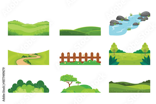 Green landscape nature elements. Vector set of grass hills river and fences for summer outdoor scene construction