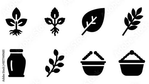 Silhouette icons of plants and containers: minimalist black and white design