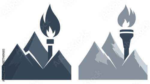 Two minimalist illustrations featuring mountain ranges and torches. One dark, the other lighter