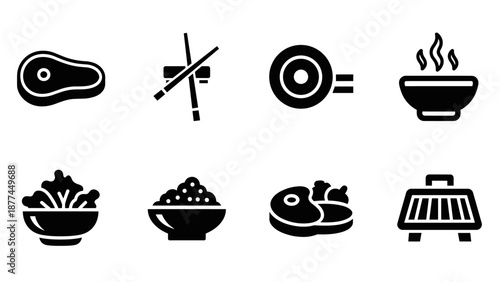 Minimalist food icons: meat, soup, and rice in monochrome style