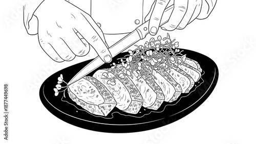 Chef slicing gourmet sushi dish garnished with fresh microgreens in black and white
