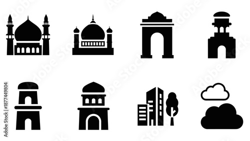 Silhouette icons of architectural landmarks and urban elements