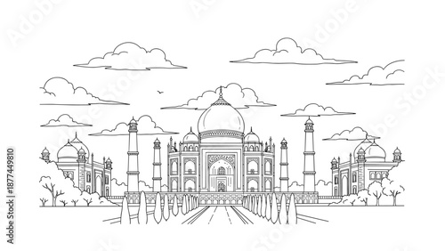 Elegant linear drawing of the taj mahal with clouds and trees in a minimalist style