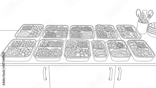 Minimalist line art bento box arrangement on kitchen counter