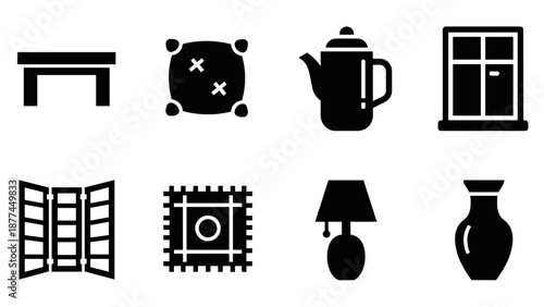 Set of minimalist home decor icons in black and white for modern designs