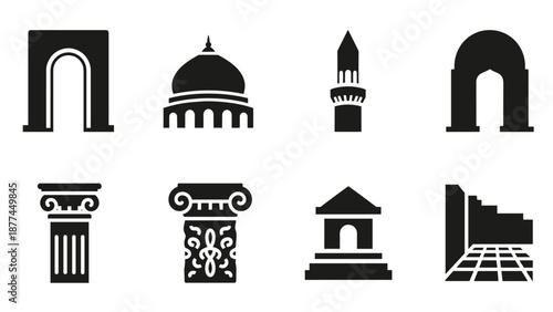Silhouette icons of classical and modern architecture elements
