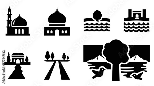 Silhouette mosque and nature scenes with trees and water elements