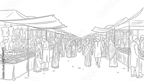 Bustling marketplace with vendors and shoppers in traditional attire