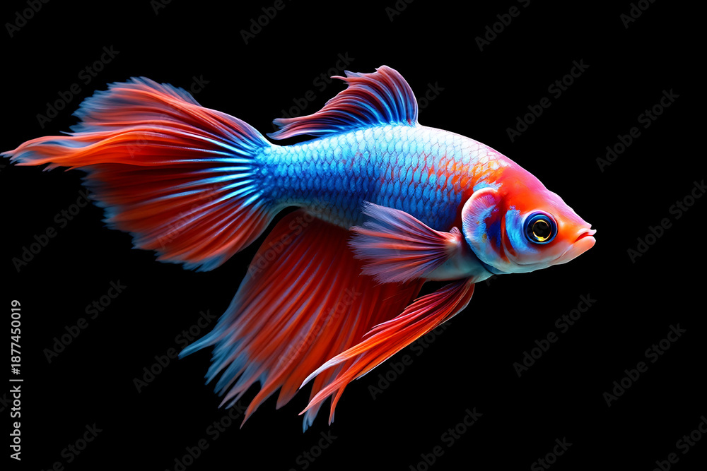 Fototapeta premium Vibrant Blue and Red Betta Fish Swimming Isolated on Black Background