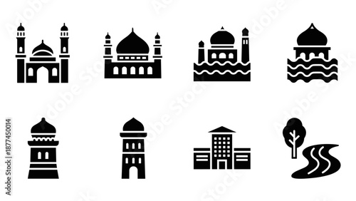Islamic architecture icon set featuring mosques and landmarks in black silhouette style