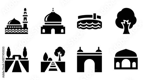 Black silhouette icons of landmarks and nature elements