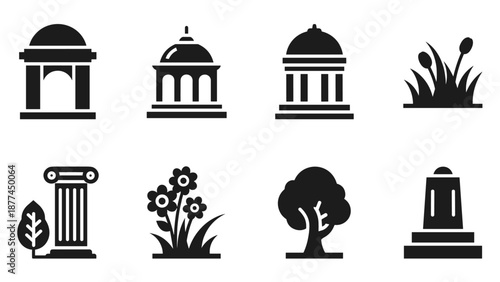 Silhouette icons of classic architecture and nature elements