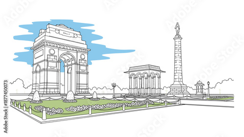 Linear design of famous indian landmarks with clear sky and historical monuments