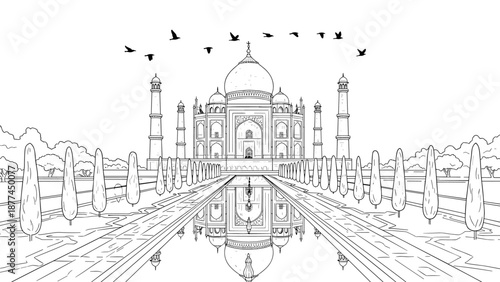 Elegant linear art of taj mahal with reflective water and birds in flight