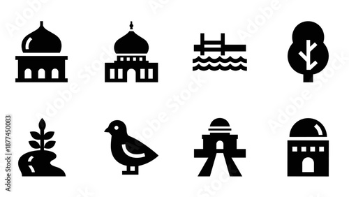 Simple black city icons including buildings and nature elements