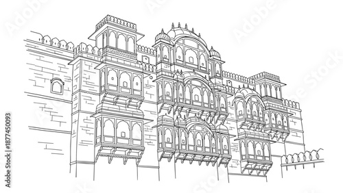 Detailed architectural outline of historic indian palace in linear style