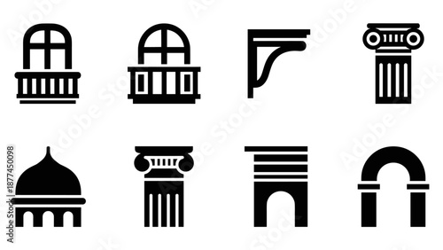 Classic architecture icons: elegant silhouette symbols for design projects