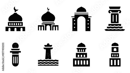 Set of silhouette icons featuring diverse architectural styles and structures