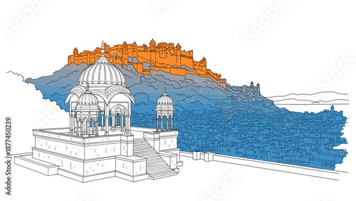 Colorful line art of indian architecture with historic fort and urban landscape