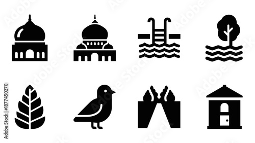 Black and white silhouette icons of buildings, nature, and birds