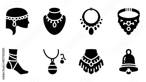 Elegant silhouette jewelry set featuring necklaces, headpieces, and anklets