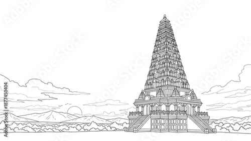 Ancient temple pagoda with cloudy sky and mountain landscape in linear style