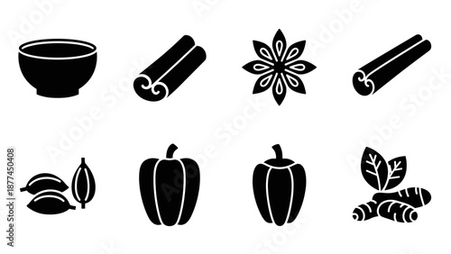 Minimalist spice and herb icons set featuring bowl, cinnamon, star anise, cardamom, peppers, basil, ginger