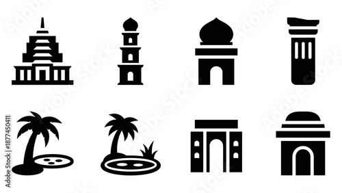 Collection of iconic monuments and landscapes in simple black silhouette style