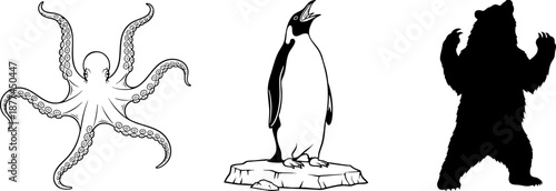 Vector Icons Set: Octopus, Penguin, and Standing Bear Silhouettes