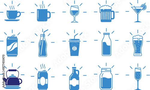 Beverage icons collection hot and cold drinks in blue color