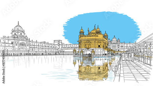 Hand-drawn architectural icon with reflection in water