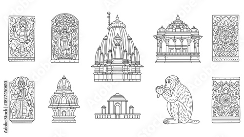 Intricate indian temple and sculptures in linear art style