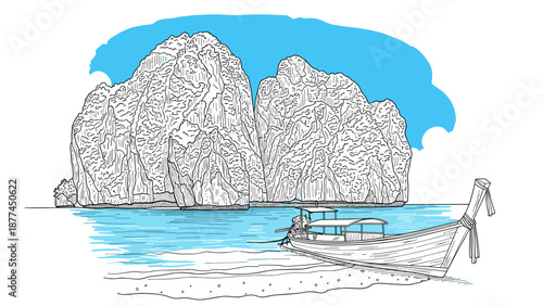 Tropical beach scene with traditional boat and cliffs in outline style
