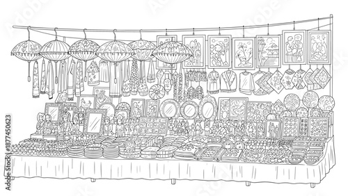 Intricate line art of traditional market stall with handcrafted items and decor