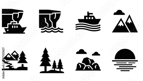 Minimalist nature and travel icons featuring mountains, ships, and sunsets