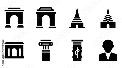 Black and white architectural icons with business person silhouette
