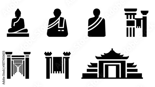Ancient architecture and culture icons in bold silhouette style