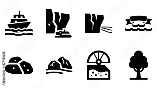 Silhouette icons of natural and industrial landmarks and elements