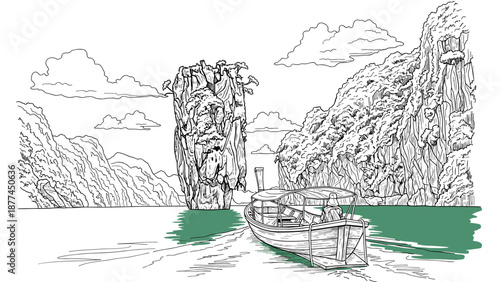 Scenic landscape with boat and cliffs in hand drawn style