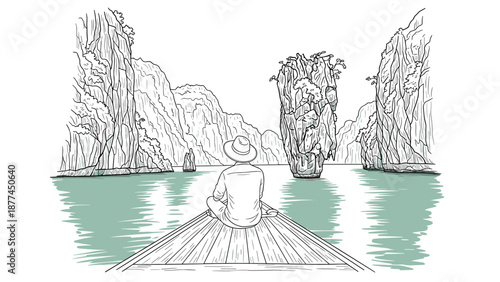 Peaceful moment on a boat: man enjoying limestone cliffs in serene waters
