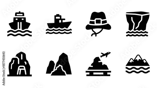 Silhouette icons of nautical and mountain adventure elements