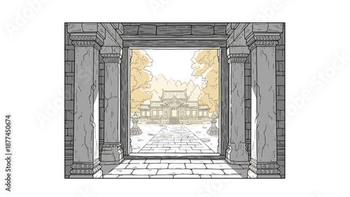 Ancient temple entrance framed by ornate columns leading to serene pathway