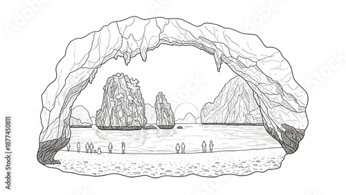 Scenic coastal cave with ocean view and rock formations in black and white art style