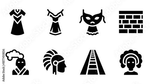 Cultural icons silhouette set: dresses, masks, and historical figures